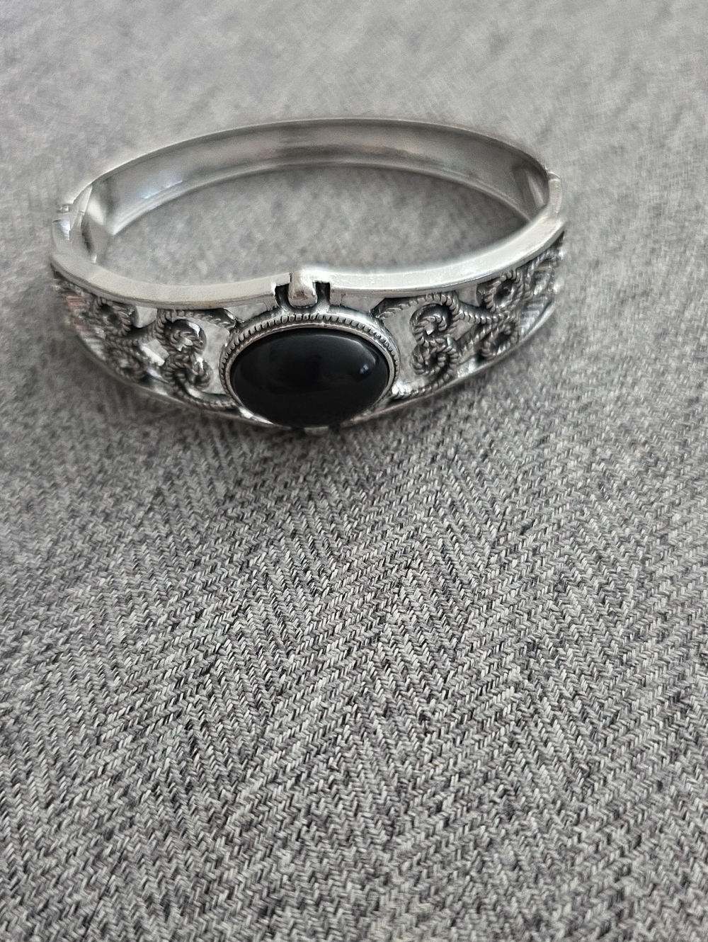 Sterling-Style Silver Bracelet with Black Cabochon